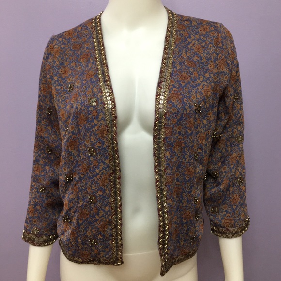 Vintage Beaded Blue Floral Jacket Size XS - Picture 5 of 7